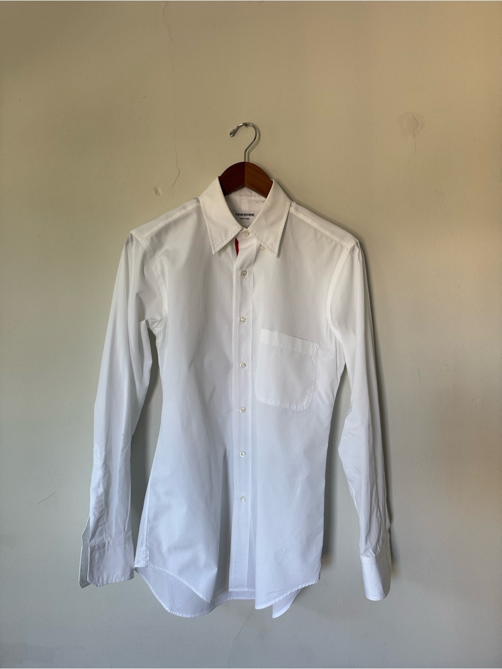 Thom Browne White Long-Sleeve Cotton Dress Shirt with Red Inner Placket Accent - Picture 2 of 6